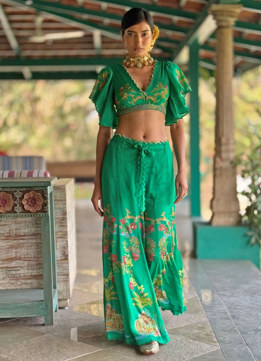 Emerald Green Printed Crop Top Pant Basil Leaf - Fabilicious Fashion