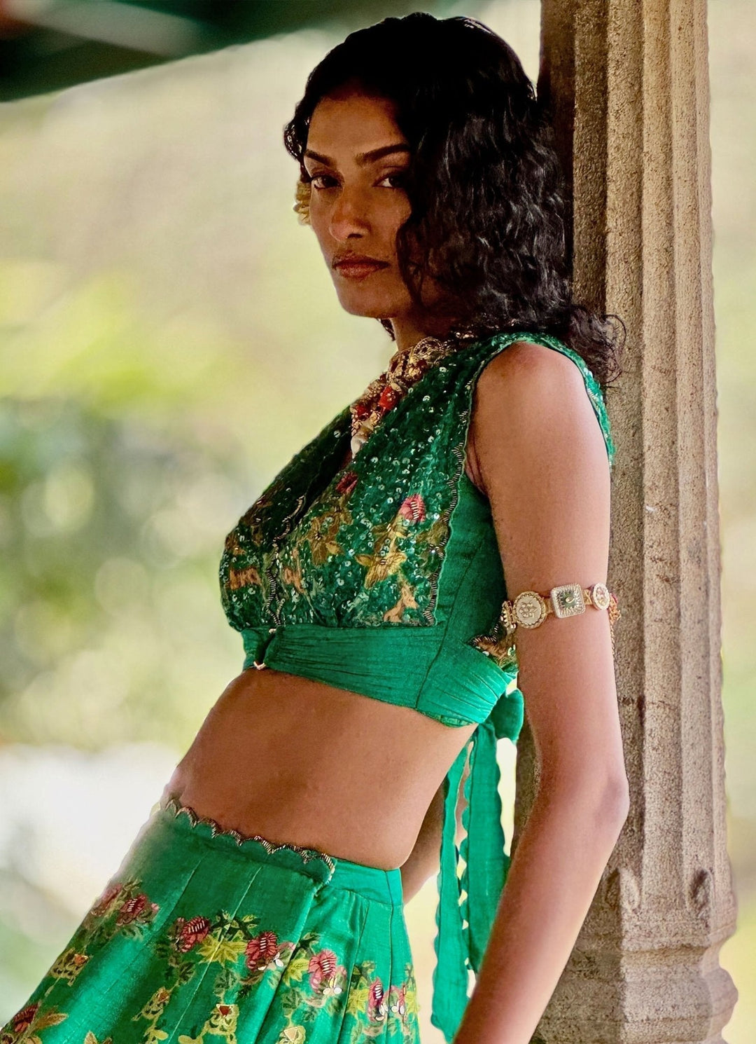 Emerald Green Printed Embroidered Lehenga Basil Leaf - Fabilicious Fashion