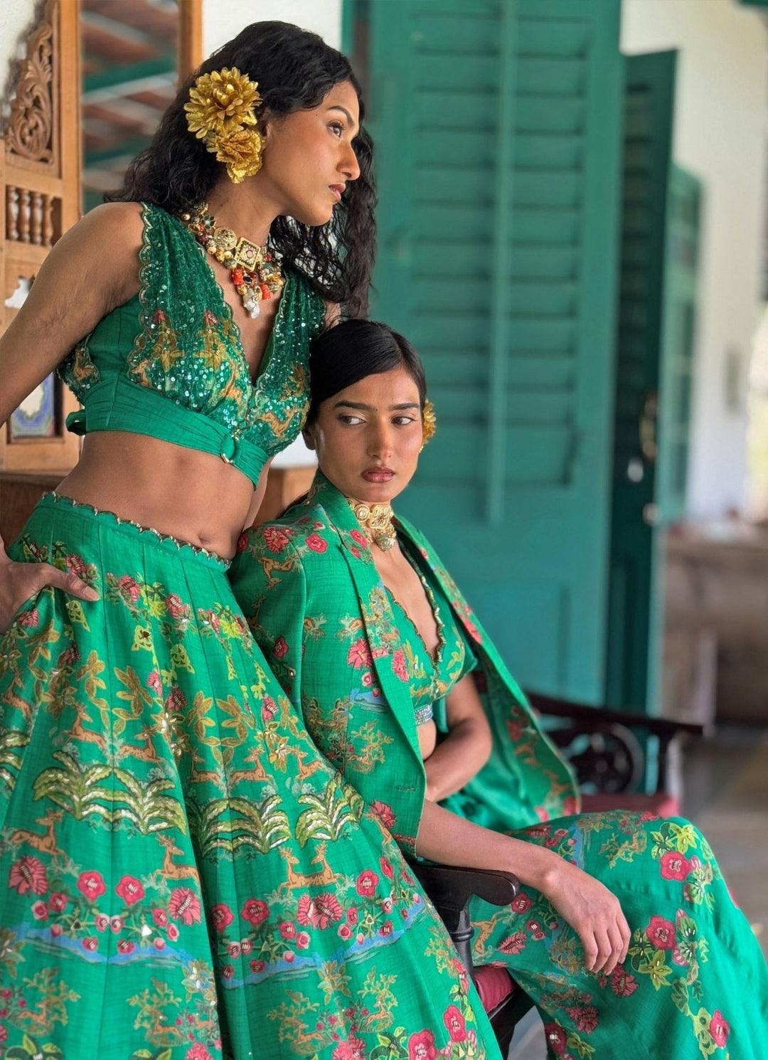 Emerald Green Printed Embroidered Lehenga Basil Leaf - Fabilicious Fashion
