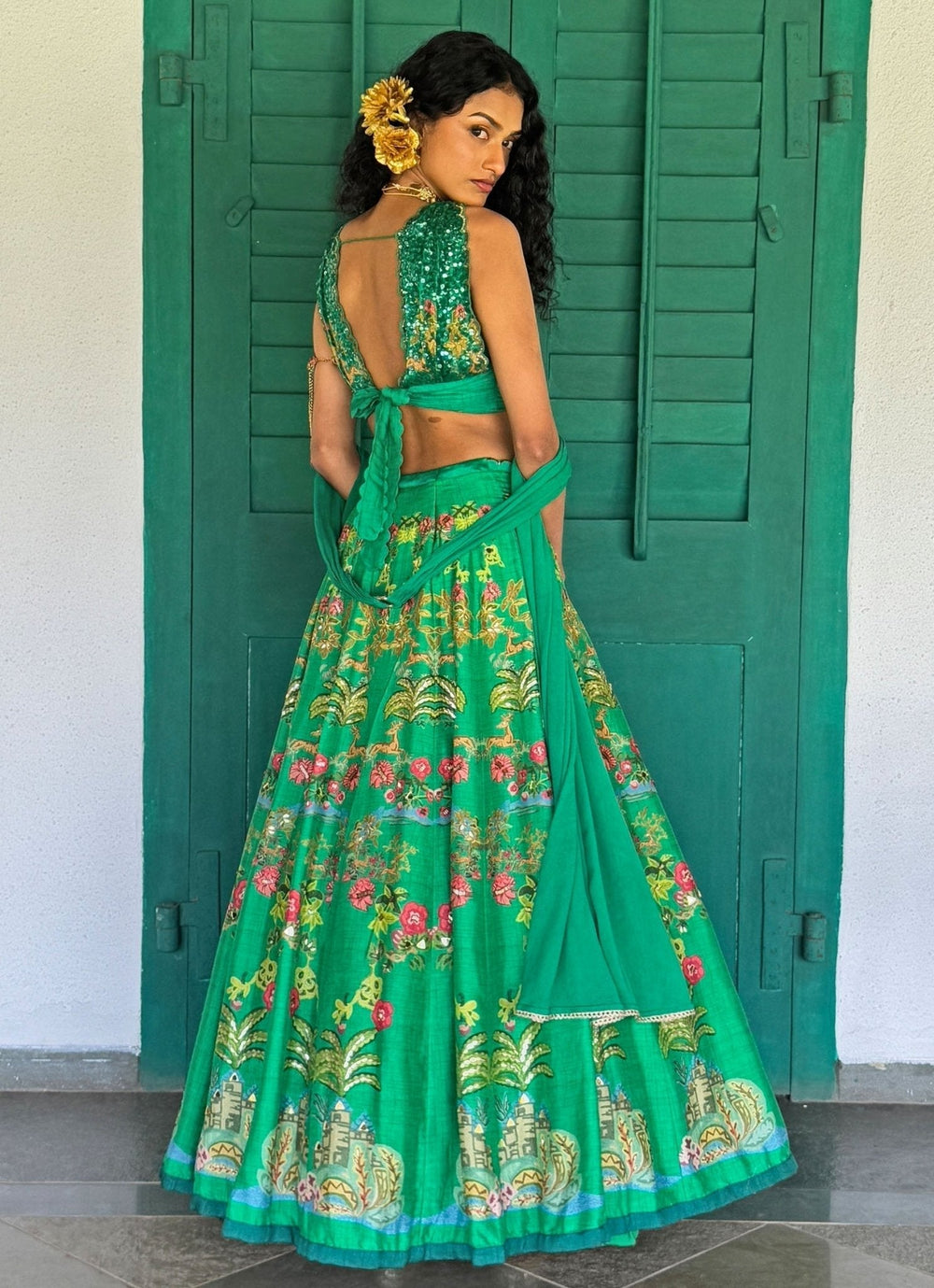 Emerald Green Printed Embroidered Lehenga Basil Leaf - Fabilicious Fashion