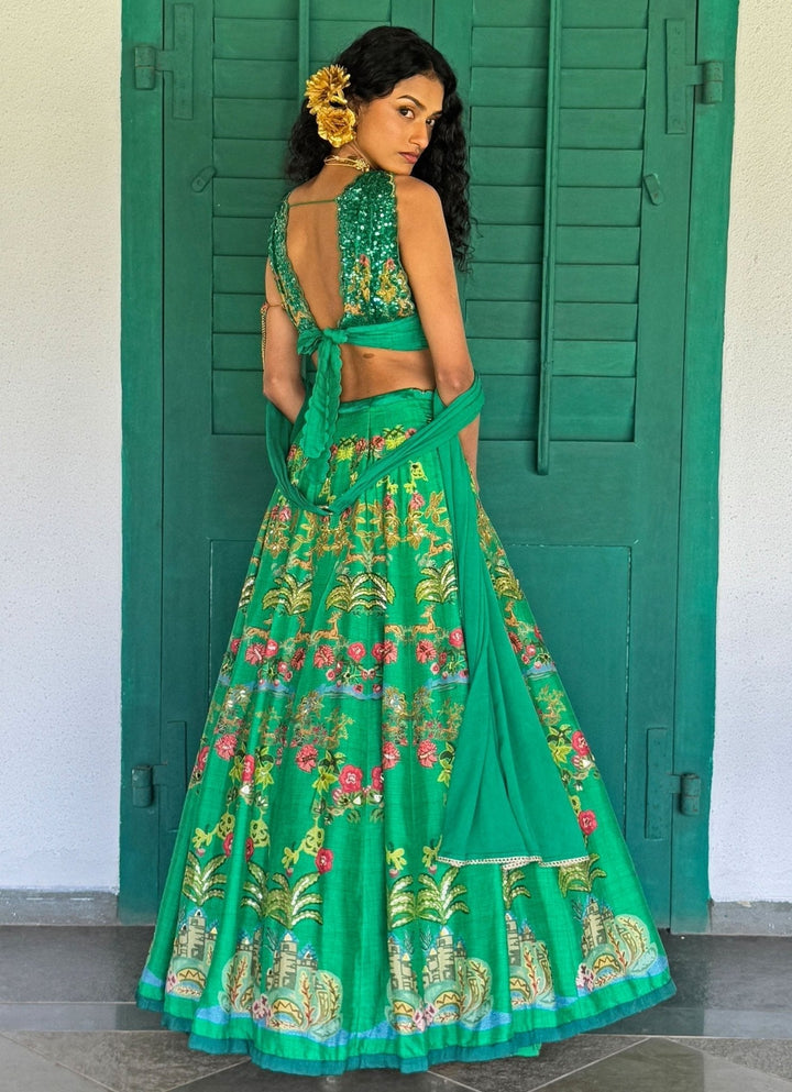 Emerald Green Printed Embroidered Lehenga Basil Leaf - Fabilicious Fashion
