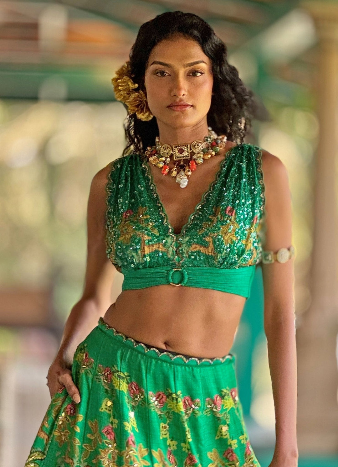 Emerald Green Printed Embroidered Lehenga Basil Leaf - Fabilicious Fashion