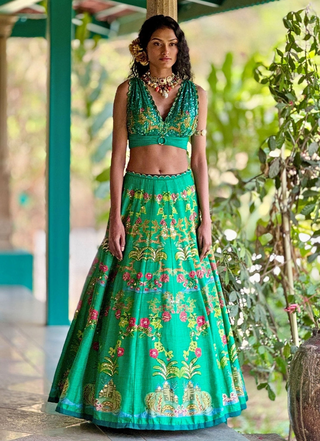 Emerald Green Printed Embroidered Lehenga Basil Leaf - Fabilicious Fashion