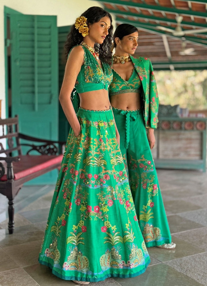 Emerald Green Printed Embroidered Lehenga Basil Leaf - Fabilicious Fashion