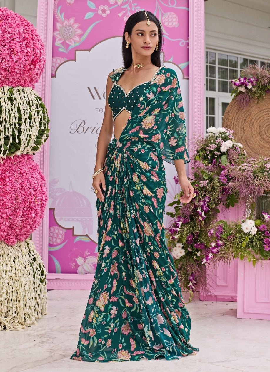 Emerald Green Printed Georgette Concept Saree Seema Thukral - Fabilicious Fashion