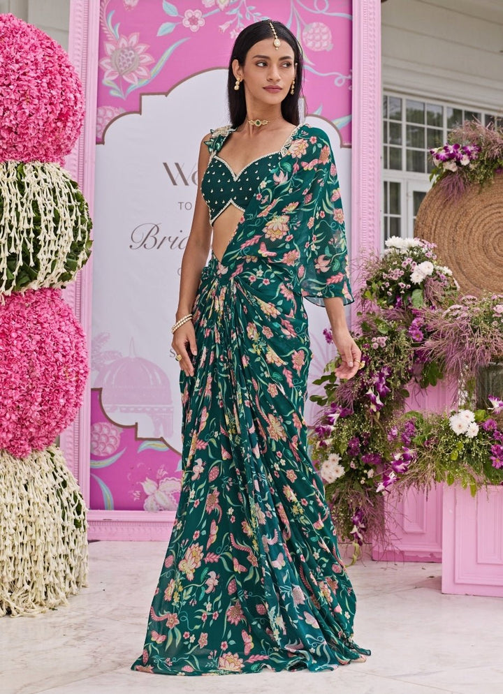 Emerald Green Printed Georgette Concept Saree Seema Thukral - Fabilicious Fashion