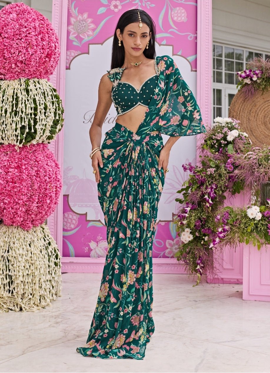 Emerald Green Printed Georgette Concept Saree Seema Thukral - Fabilicious Fashion