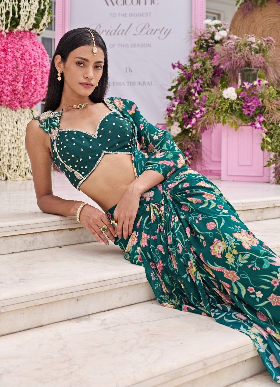 Emerald green pre draped saree for modern wedding guest dressing