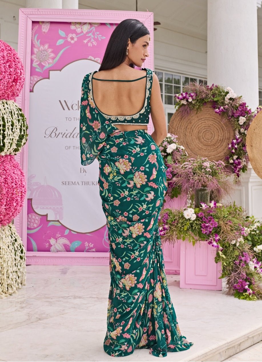 Emerald Green Printed Georgette Concept Saree Seema Thukral - Fabilicious Fashion