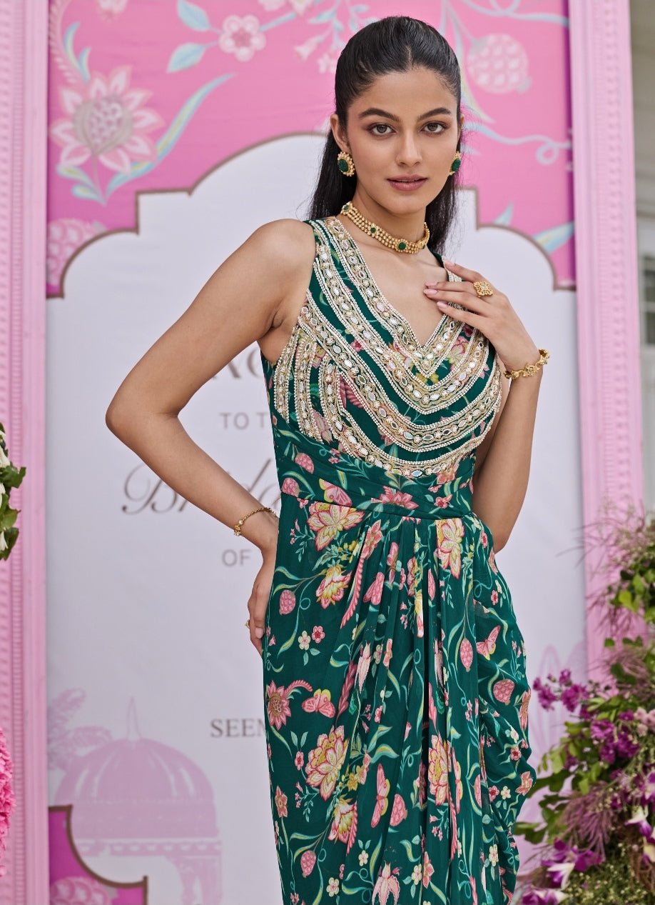 Emerald Green Printed Georgette Dress Seema Thukral - Fabilicious Fashion
