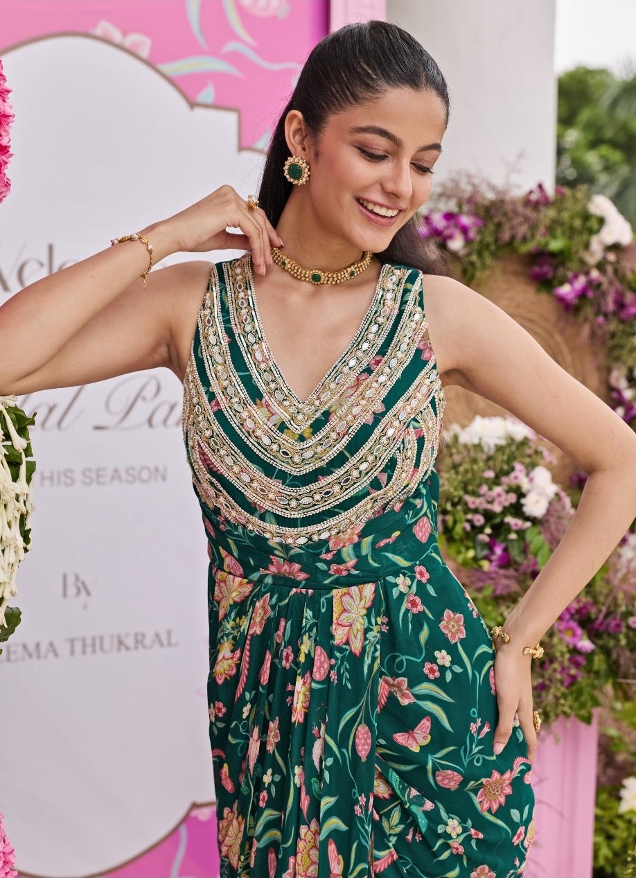 Emerald Green Printed Georgette Dress Seema Thukral - Fabilicious Fashion