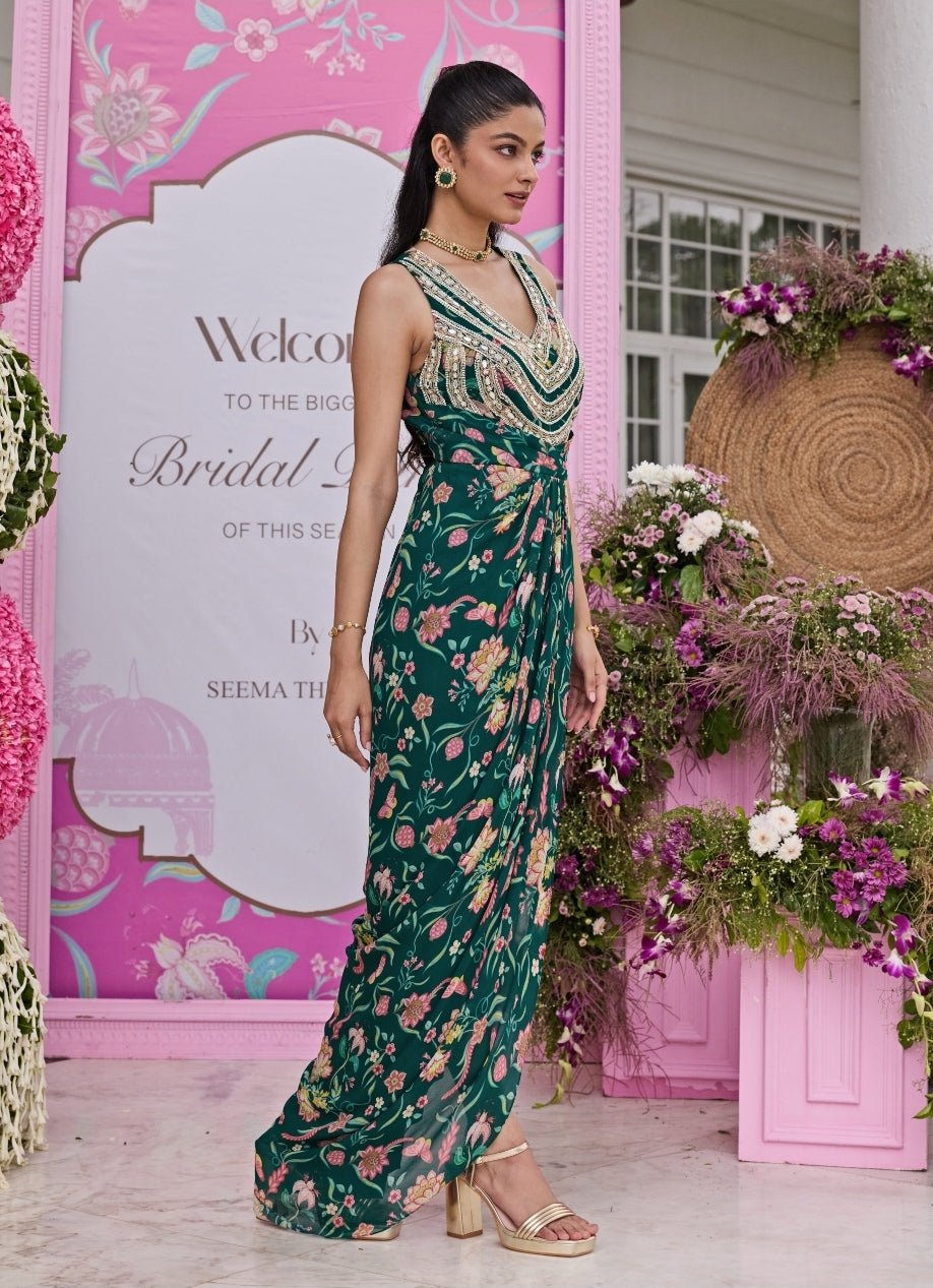 Emerald Green Printed Georgette Dress Seema Thukral - Fabilicious Fashion