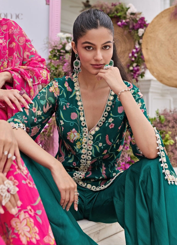 Emerald Green Printed Georgette Jacket Kurta With Pants Seema Thukral - Fabilicious Fashion