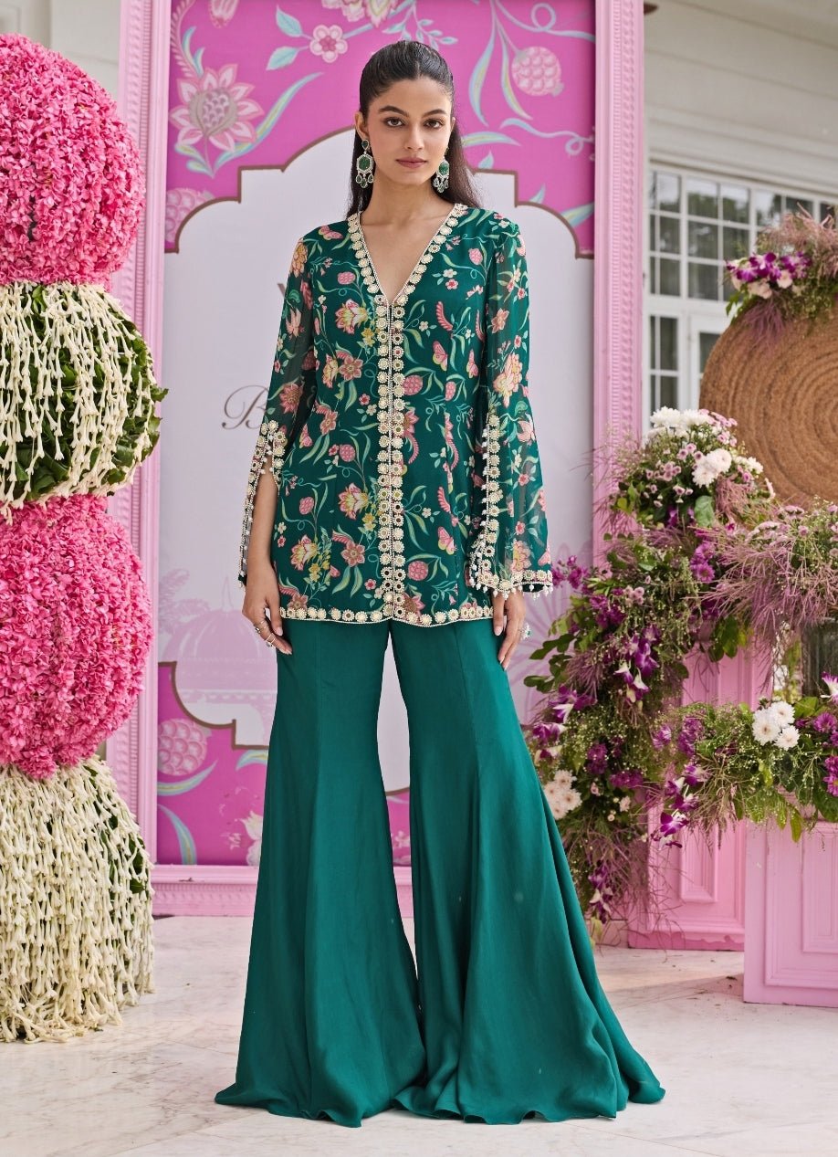 Emerald Green Printed Georgette Jacket Kurta With Pants Seema Thukral - Fabilicious Fashion