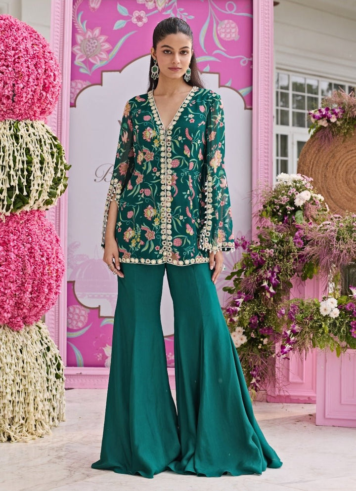 Emerald Green Printed Georgette Jacket Kurta With Pants Seema Thukral - Fabilicious Fashion
