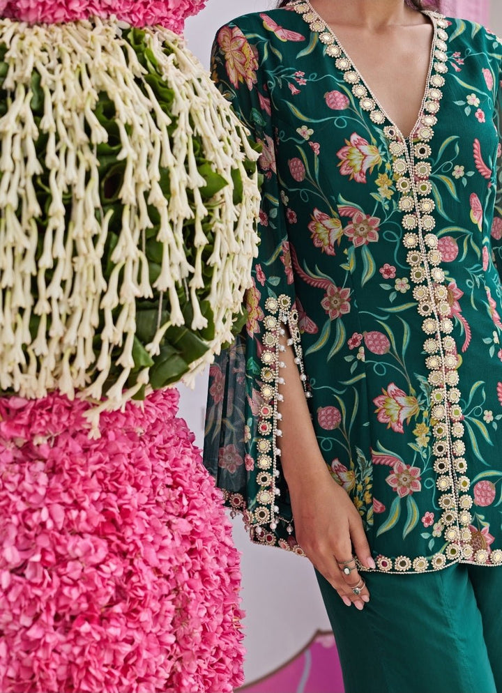 Emerald Green Printed Georgette Jacket Kurta With Pants Seema Thukral - Fabilicious Fashion