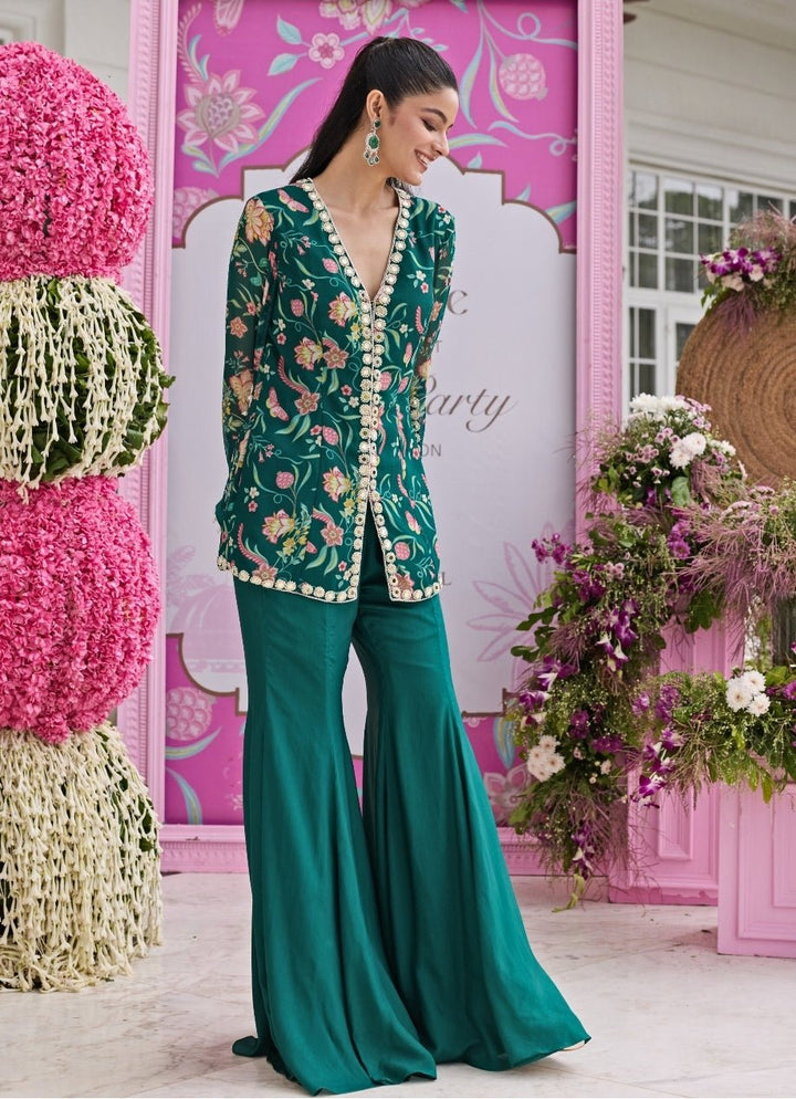Emerald Green Printed Georgette Jacket Kurta With Pants Seema Thukral - Fabilicious Fashion