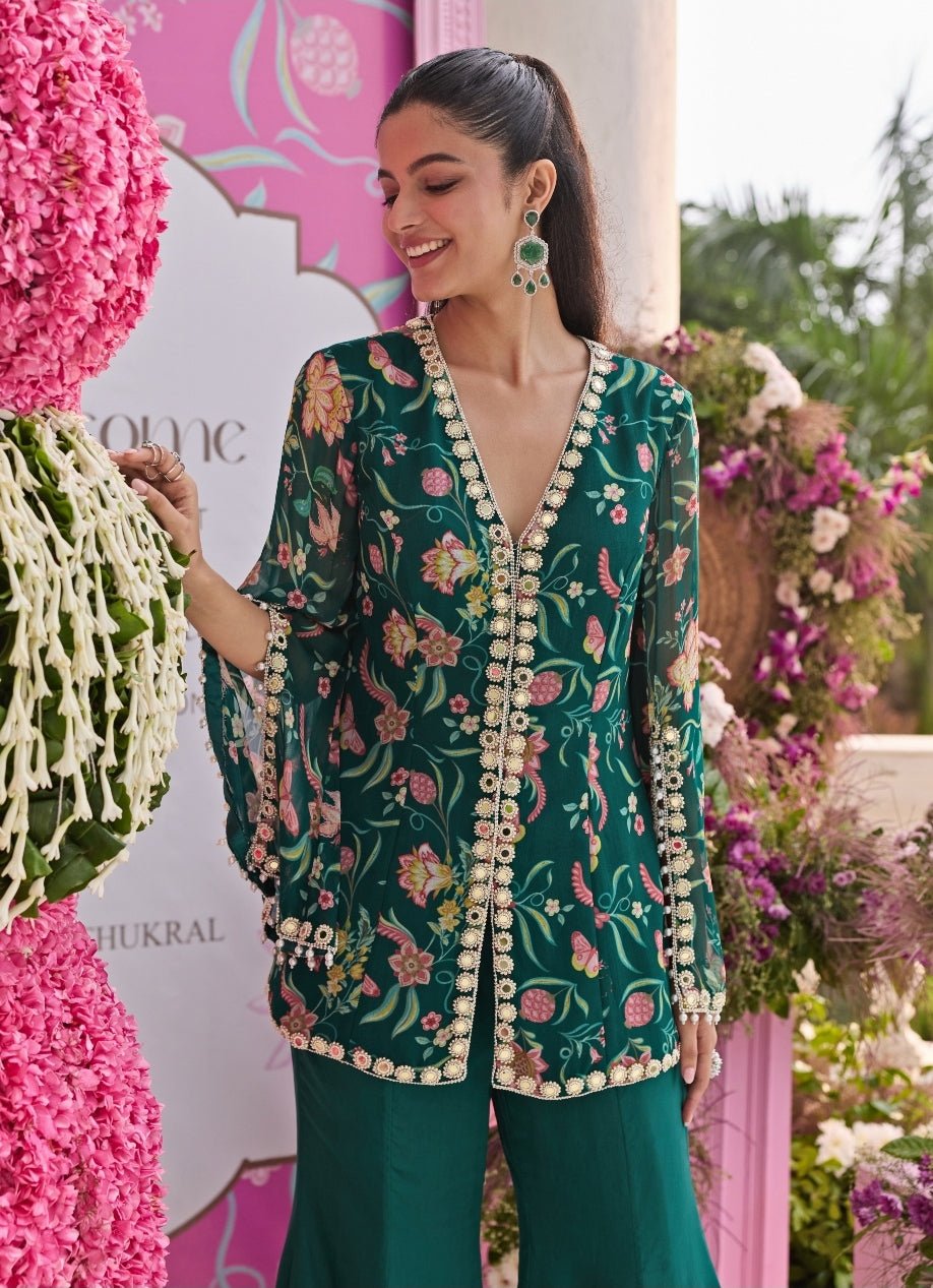 Emerald Green Printed Georgette Jacket Kurta With Pants Seema Thukral - Fabilicious Fashion