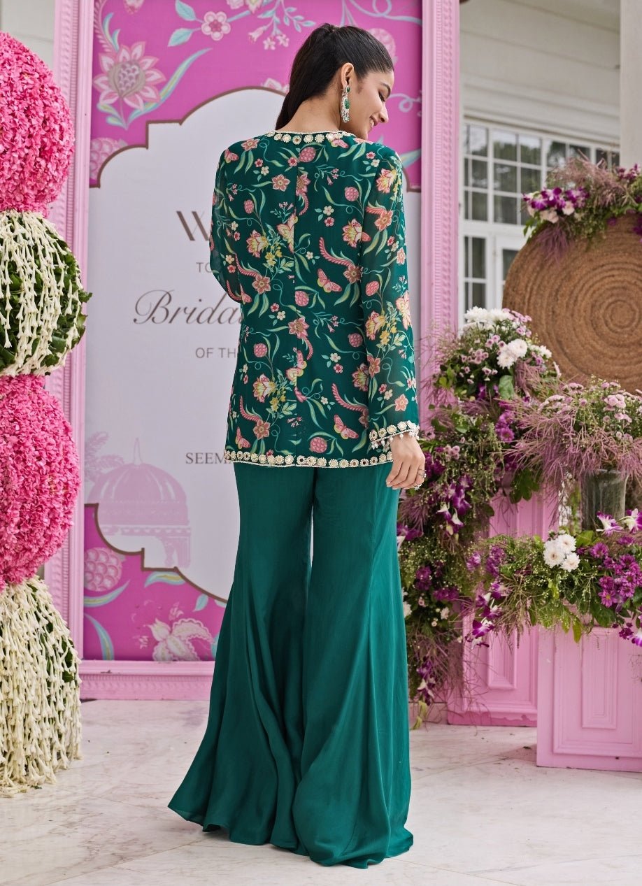 Emerald Green Printed Georgette Jacket Kurta With Pants Seema Thukral - Fabilicious Fashion