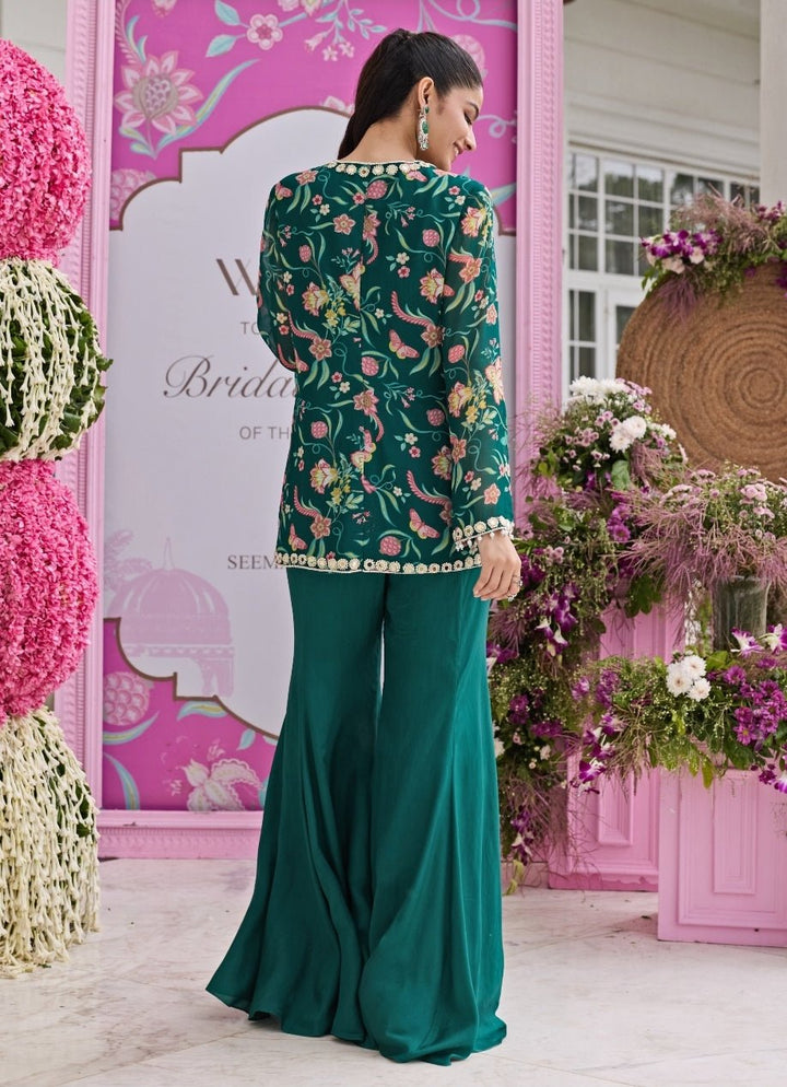 Emerald Green Printed Georgette Jacket Kurta With Pants Seema Thukral - Fabilicious Fashion