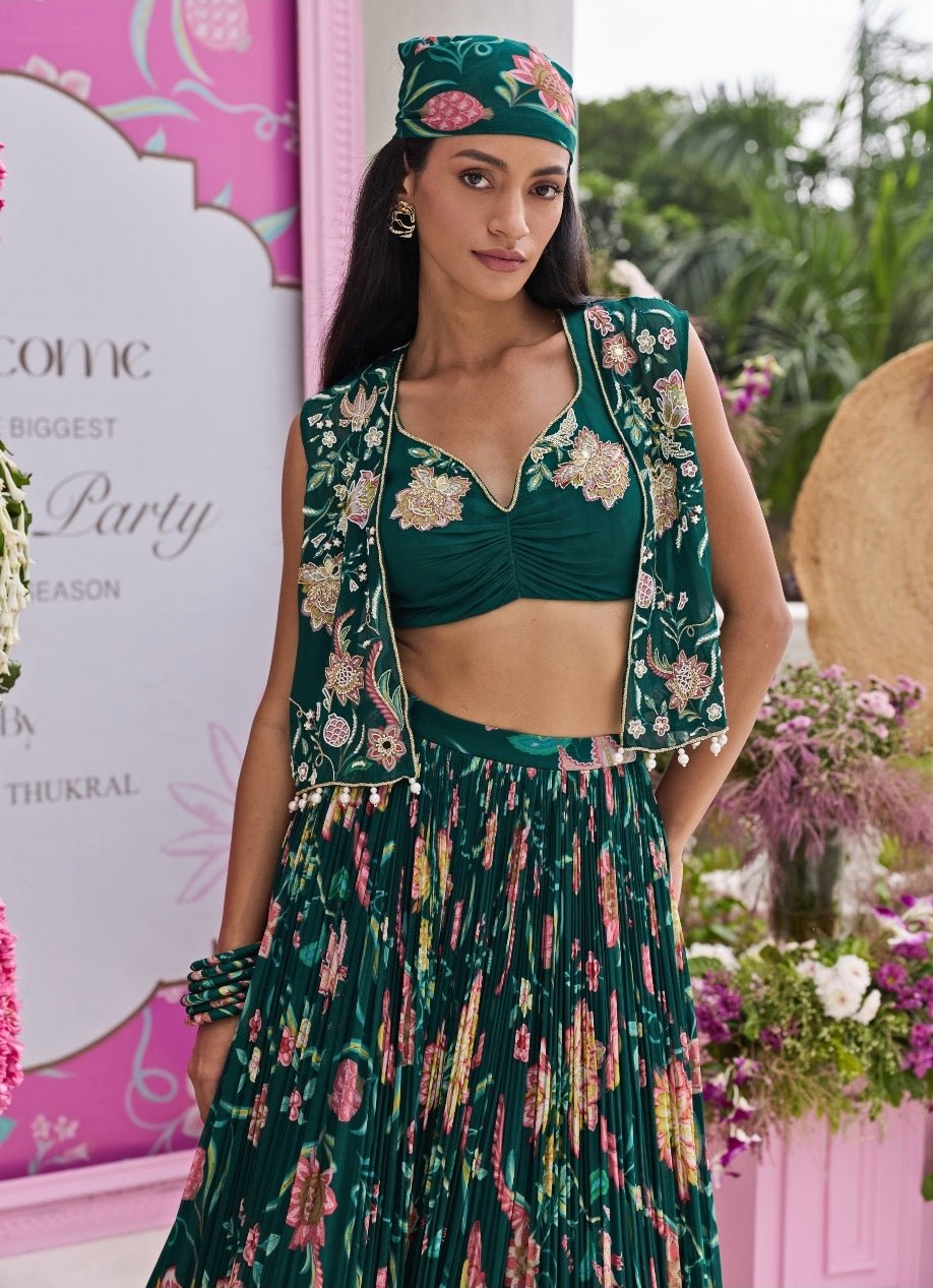 Emerald Green Printed Georgette Lehenga Set Seema Thukral - Fabilicious Fashion