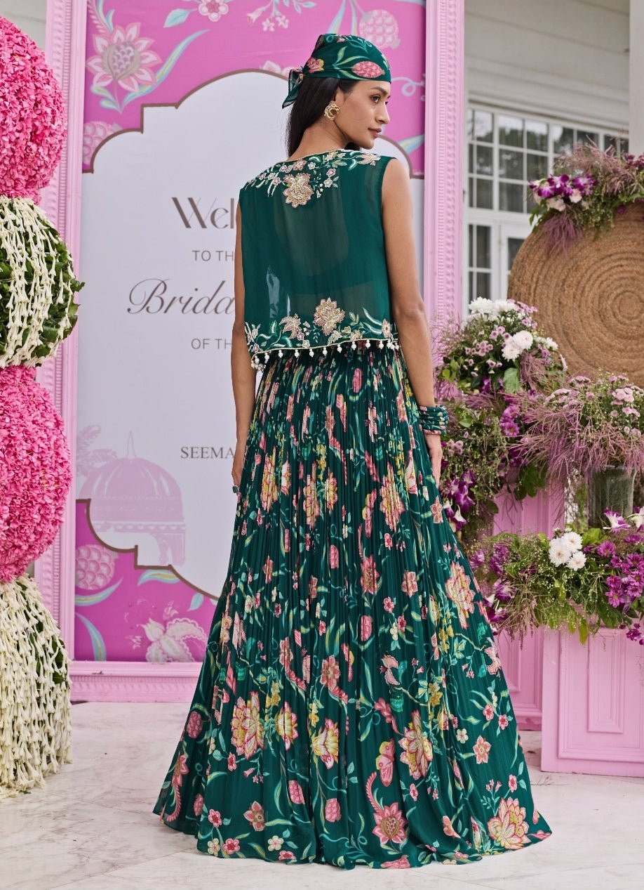 Emerald Green Printed Georgette Lehenga Set Seema Thukral - Fabilicious Fashion
