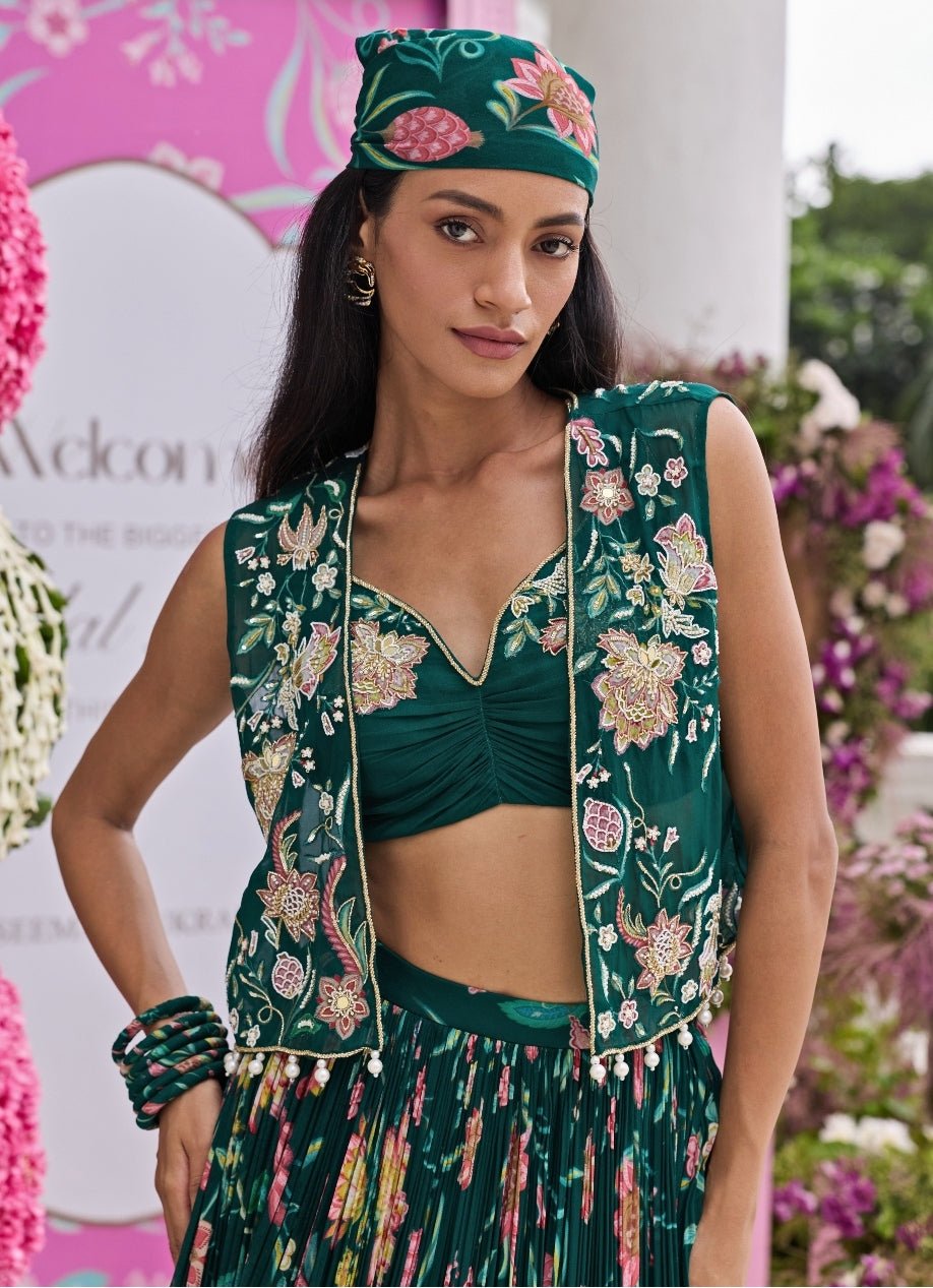 Emerald Green Printed Georgette Lehenga Set Seema Thukral - Fabilicious Fashion