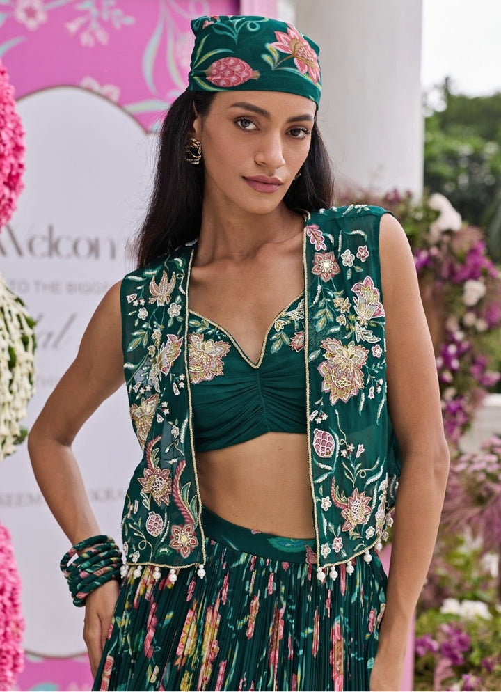 Emerald Green Printed Georgette Lehenga Set Seema Thukral - Fabilicious Fashion