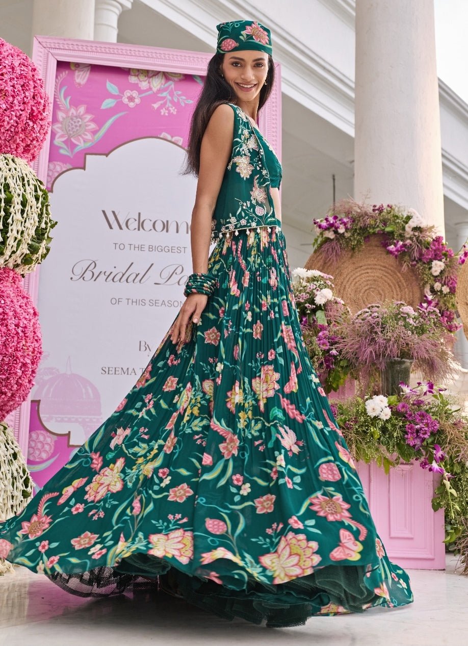 Emerald Green Printed Georgette Lehenga Set Seema Thukral - Fabilicious Fashion