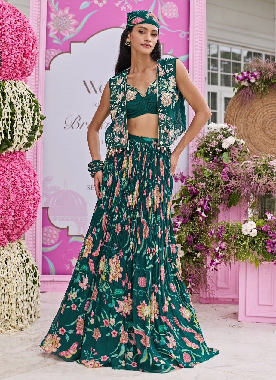 Emerald Green Printed Georgette Lehenga Set Seema Thukral - Fabilicious Fashion