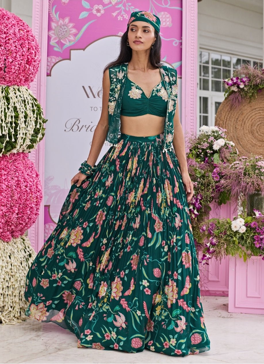 Emerald Green Printed Georgette Lehenga Set Seema Thukral - Fabilicious Fashion