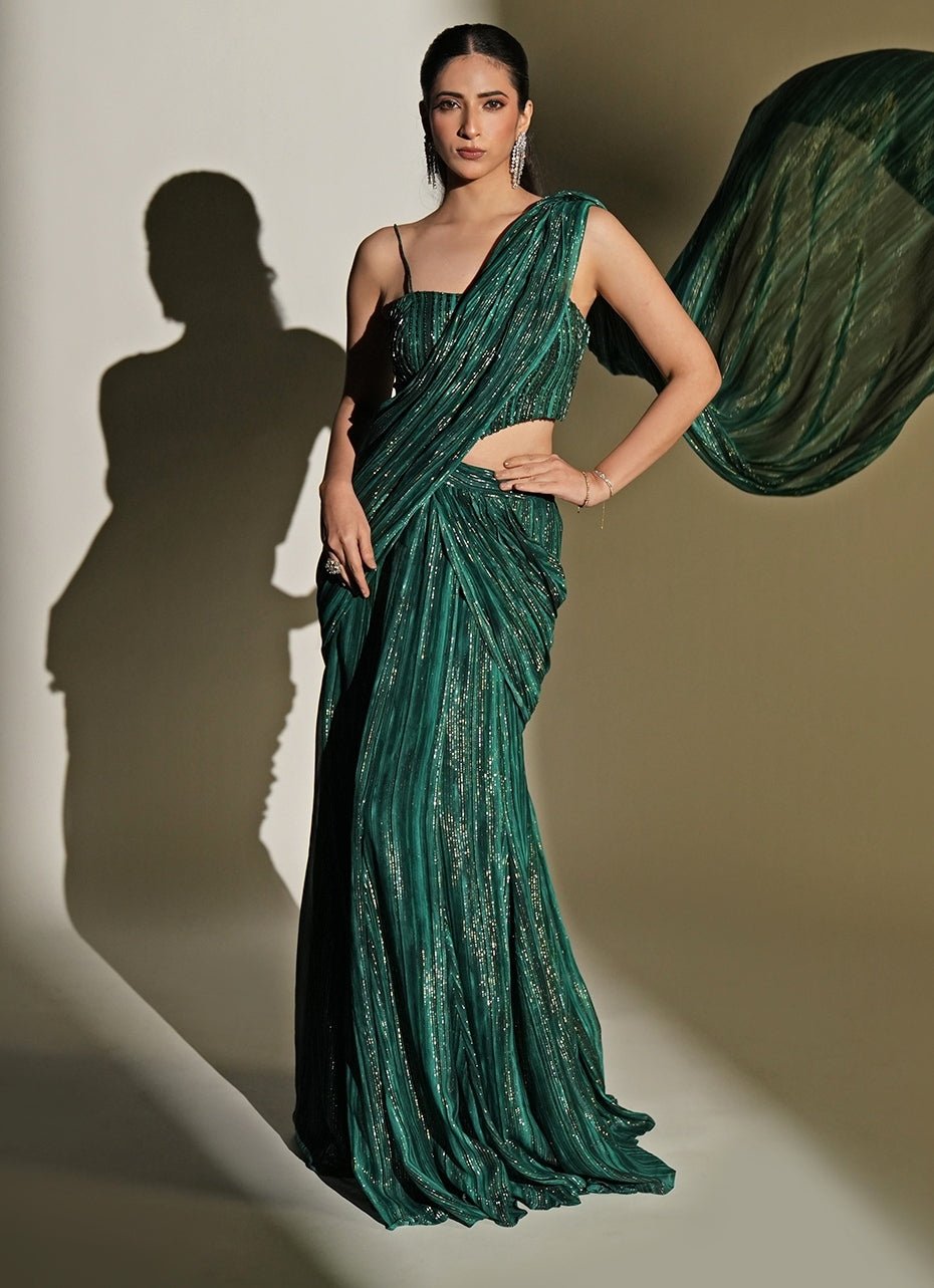 Emerald green printed georgette pre-draped saree set — destination wedding by Kiyohra