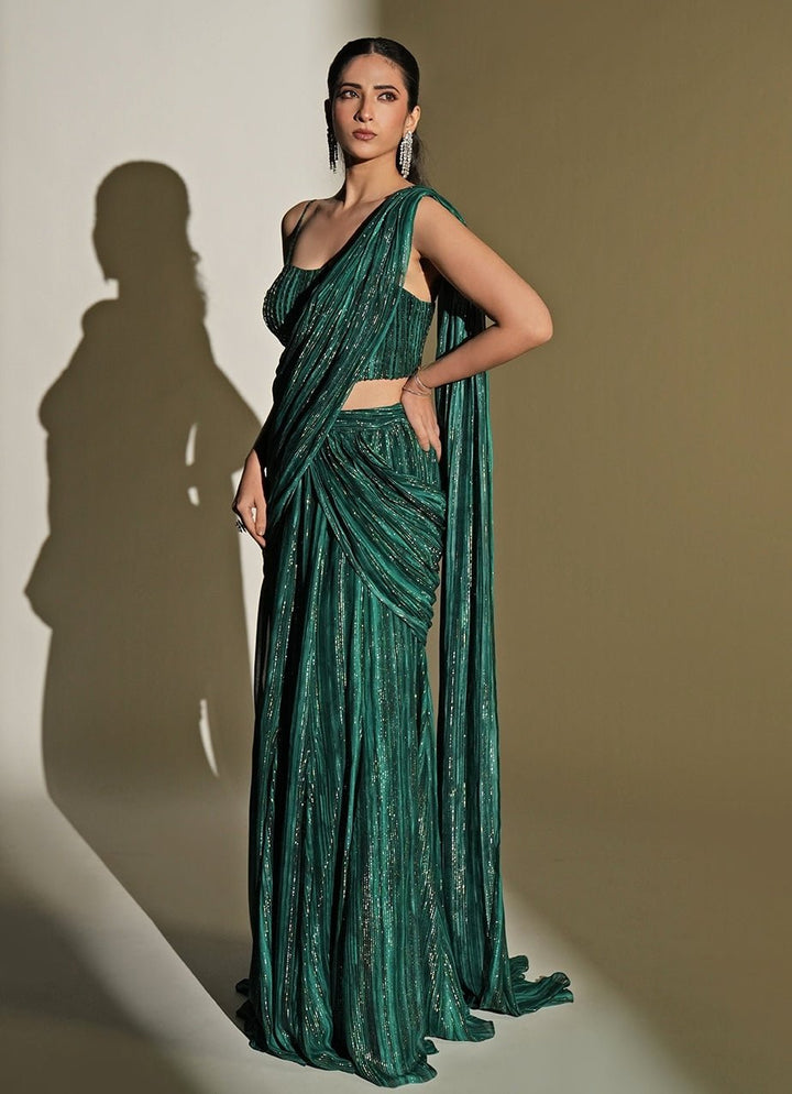 Emerald Green Printed Georgette Pre - Draped Saree Set Kiyohra - Fabilicious Fashion