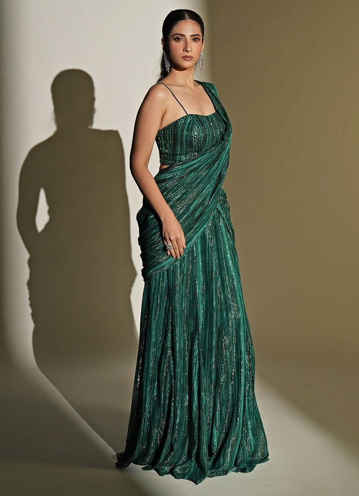 Emerald Green Printed Georgette Pre - Draped Saree Set Kiyohra - Fabilicious Fashion