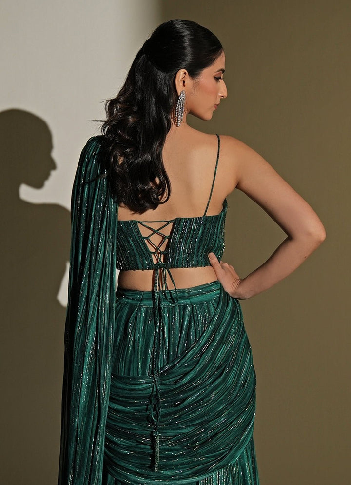 Emerald Green Printed Georgette Pre - Draped Saree Set Kiyohra - Fabilicious Fashion