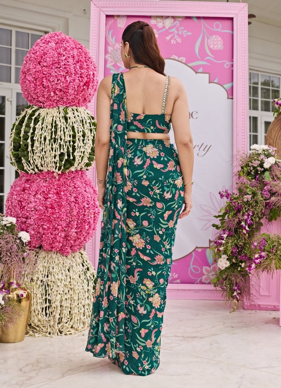 Emerald Green Printed Georgette Pre Draped Saree Seema Thukral - Fabilicious Fashion