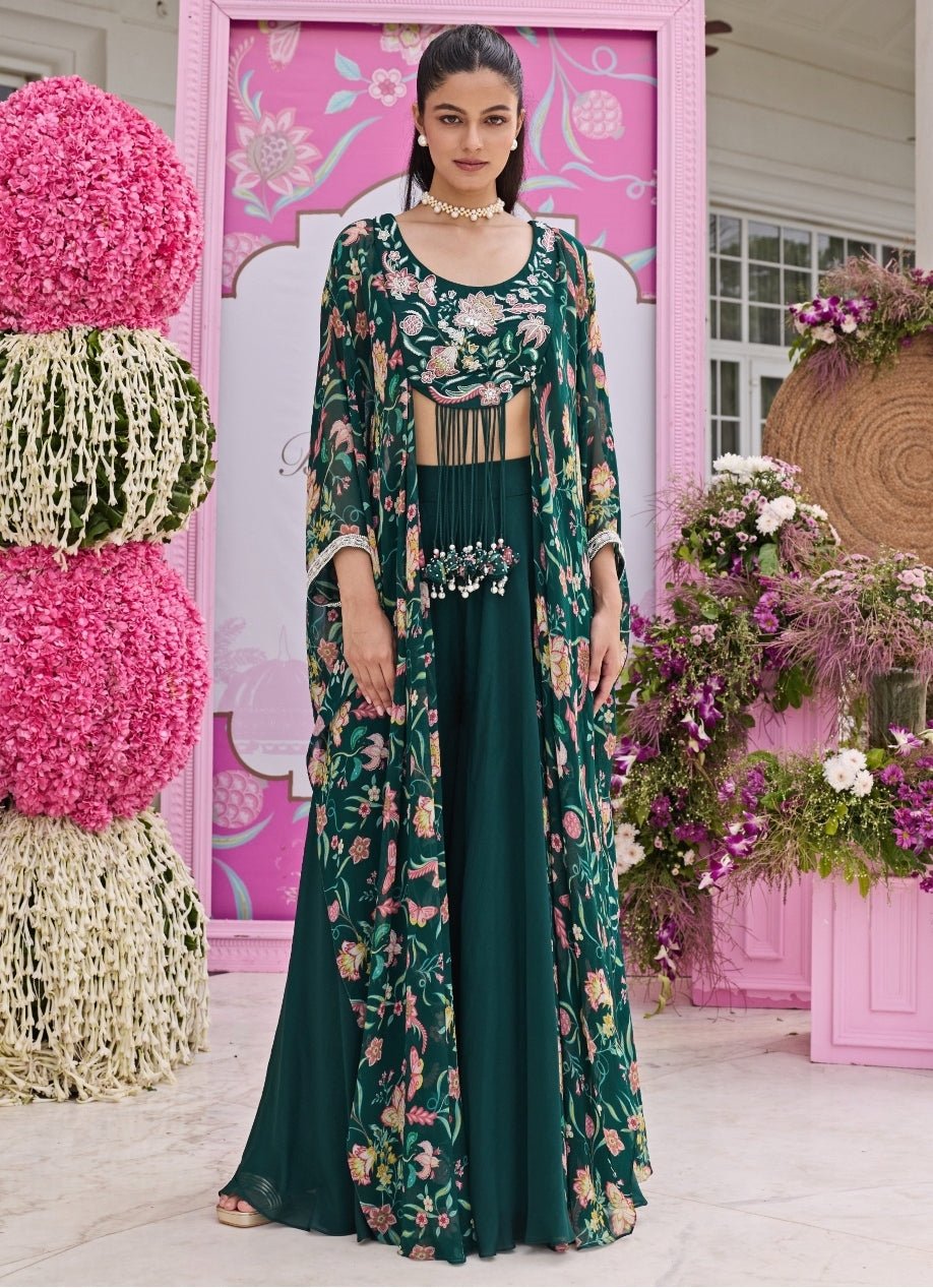 Emerald Green Printed Organza Sharara Set With Attached Cape Seema Thukral - Fabilicious Fashion
