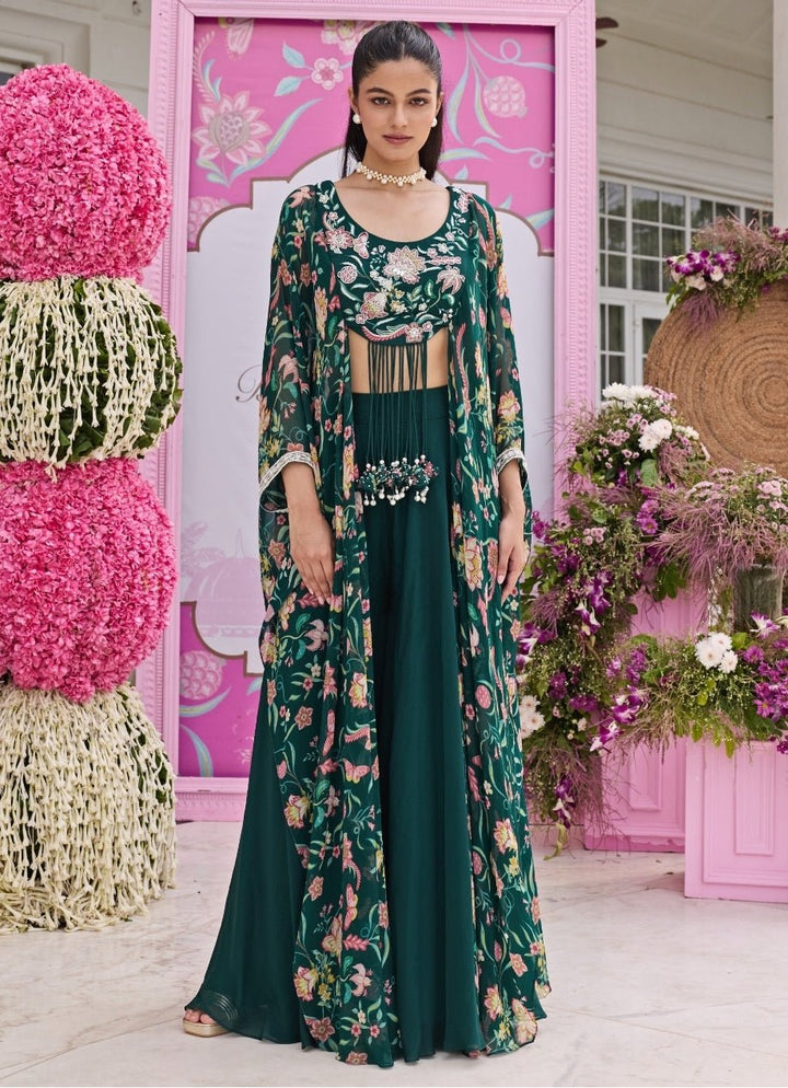 Emerald Green Printed Organza Sharara Set With Attached Cape Seema Thukral - Fabilicious Fashion