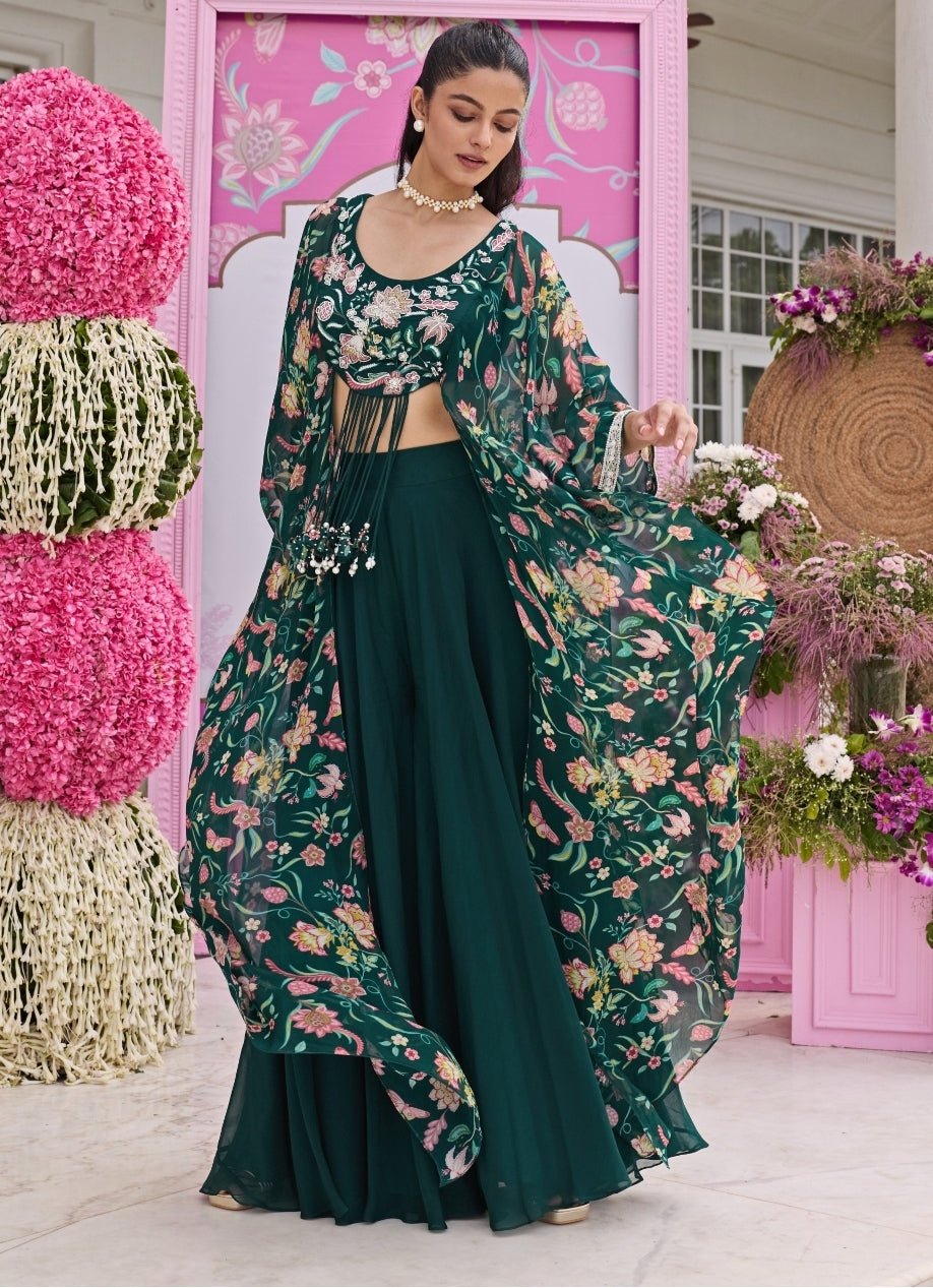 Emerald Green Printed Organza Sharara Set With Attached Cape Seema Thukral - Fabilicious Fashion