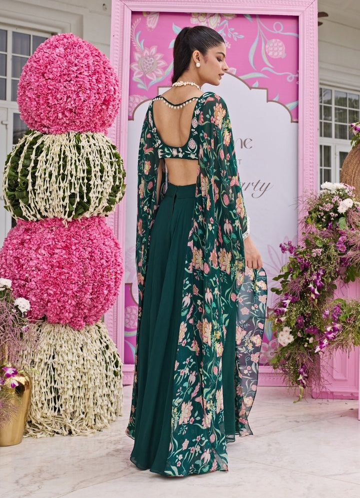 Emerald Green Printed Organza Sharara Set With Attached Cape Seema Thukral - Fabilicious Fashion