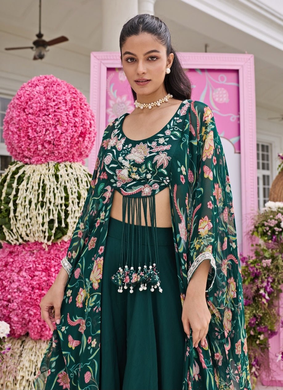Emerald Green Printed Organza Sharara Set With Attached Cape Seema Thukral - Fabilicious Fashion