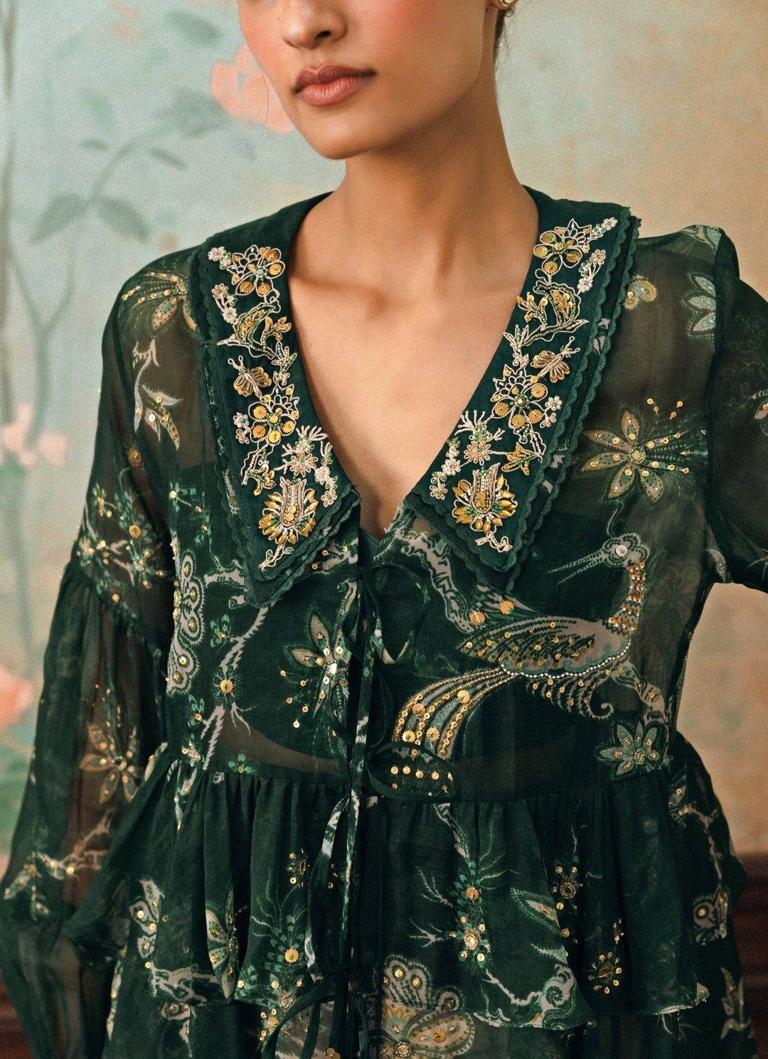 Paulmi and Harsh Emerald Green Printed Organza ShirtFabilicious Fashion