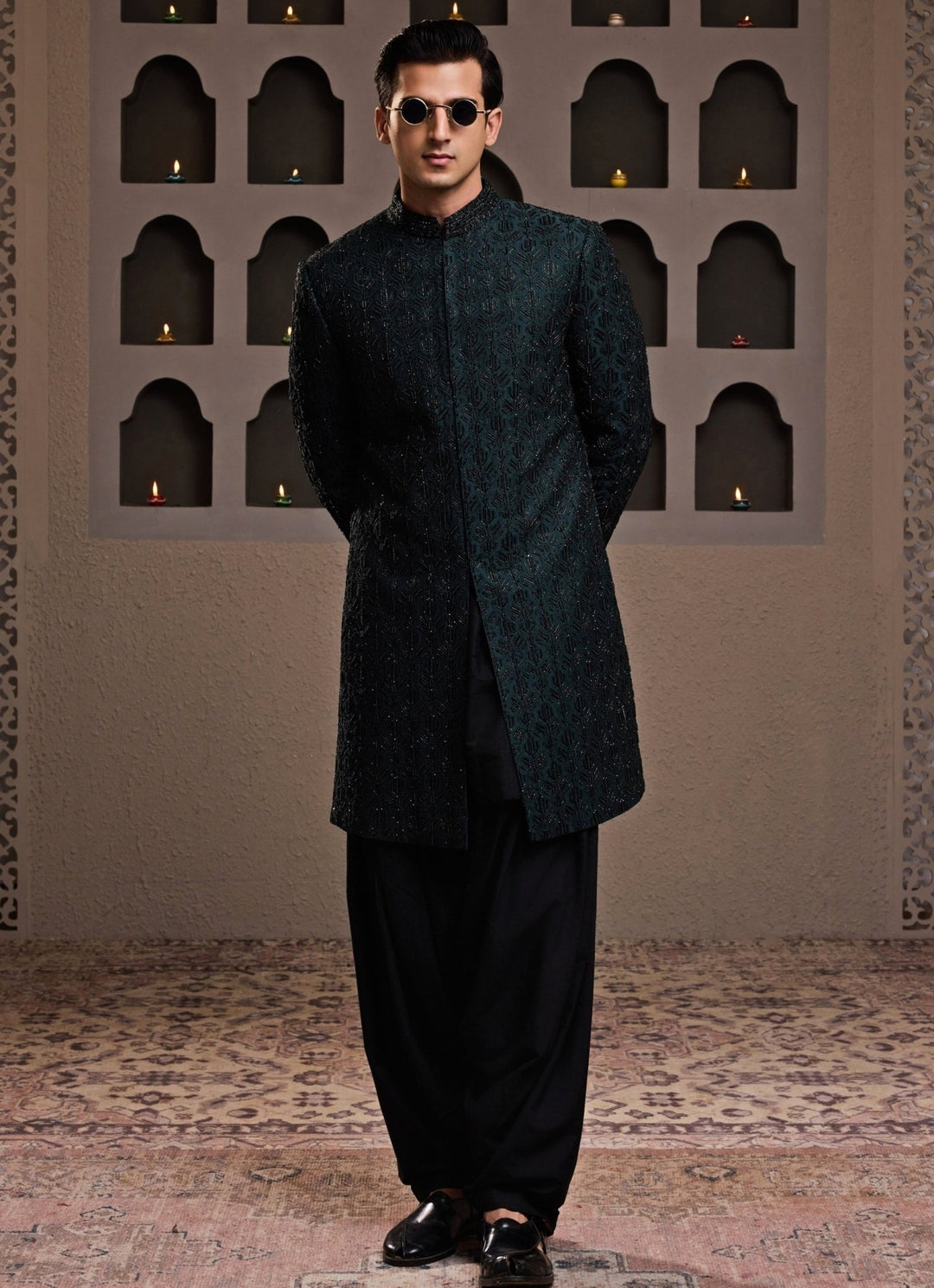 Emerald Green Raw Silk Achkan Set Nitika Gujral - Men - Fabilicious Fashion