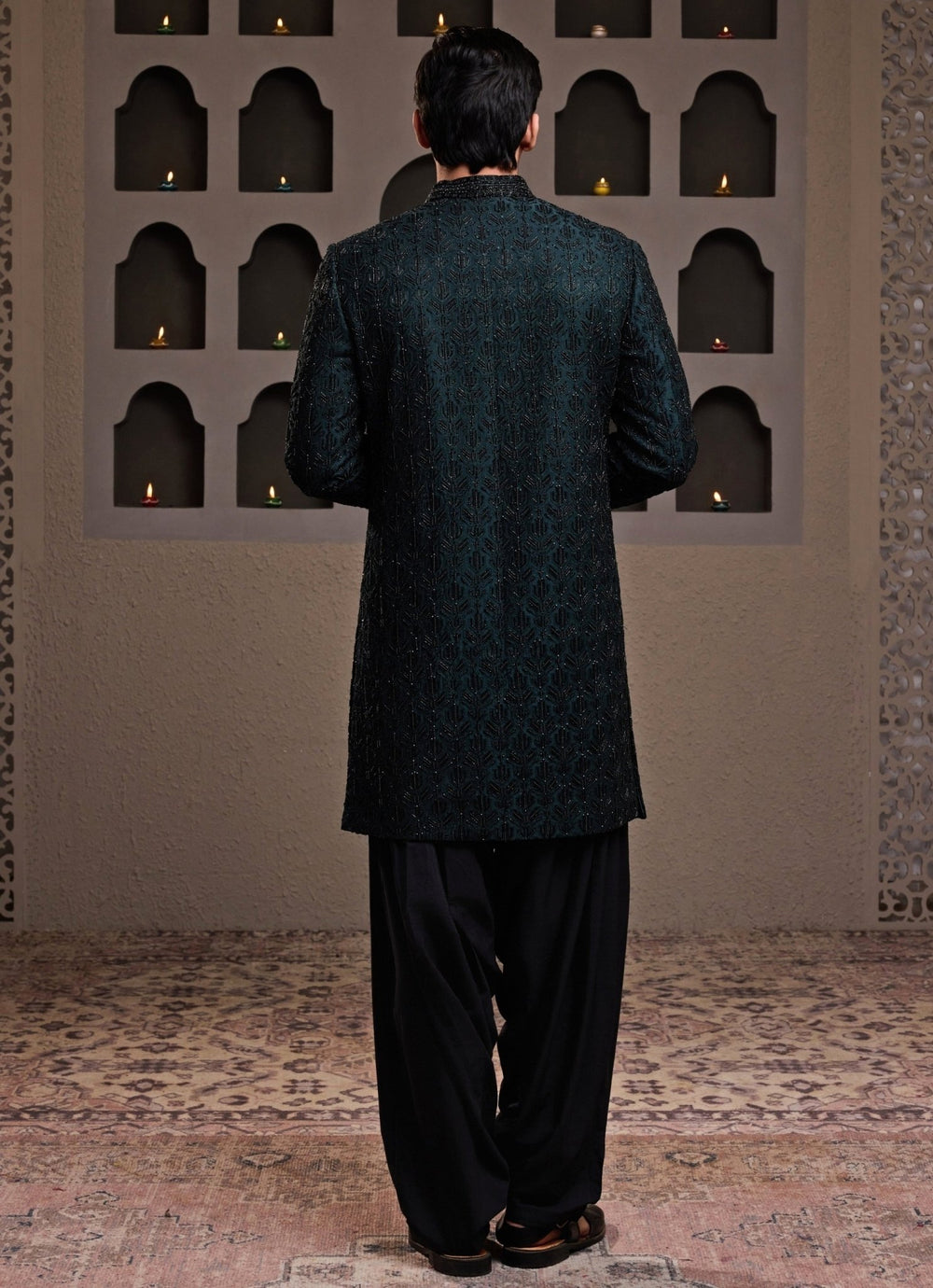 Emerald Green Raw Silk Achkan Set Nitika Gujral - Men - Fabilicious Fashion