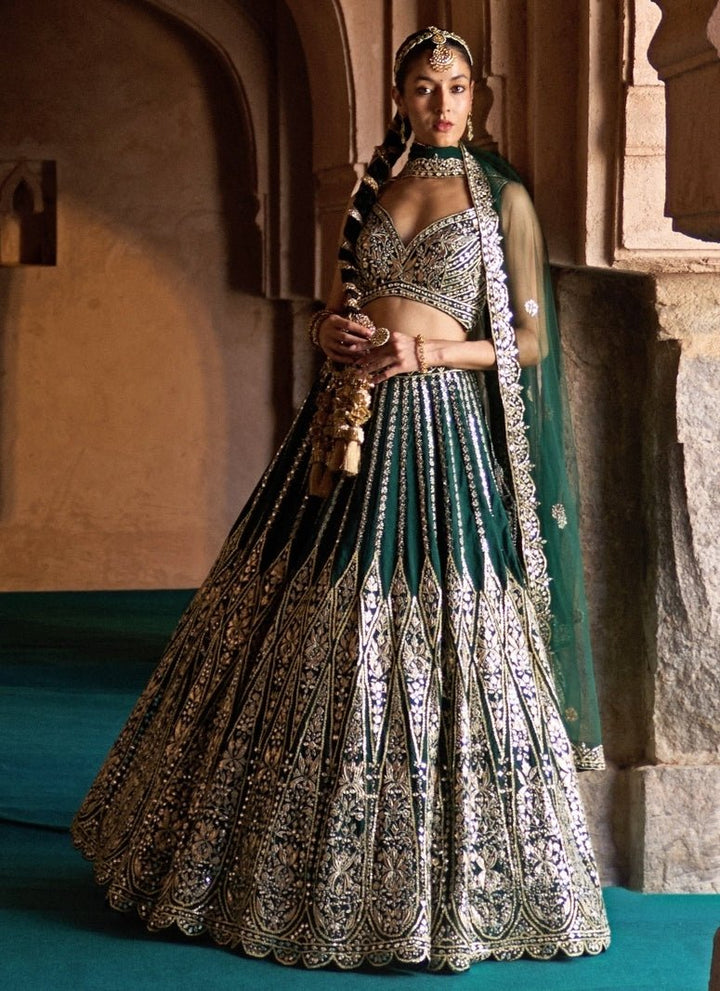 Angad Singh Emerald Green Raw Silk Lehenga SetFabilicious Fashion