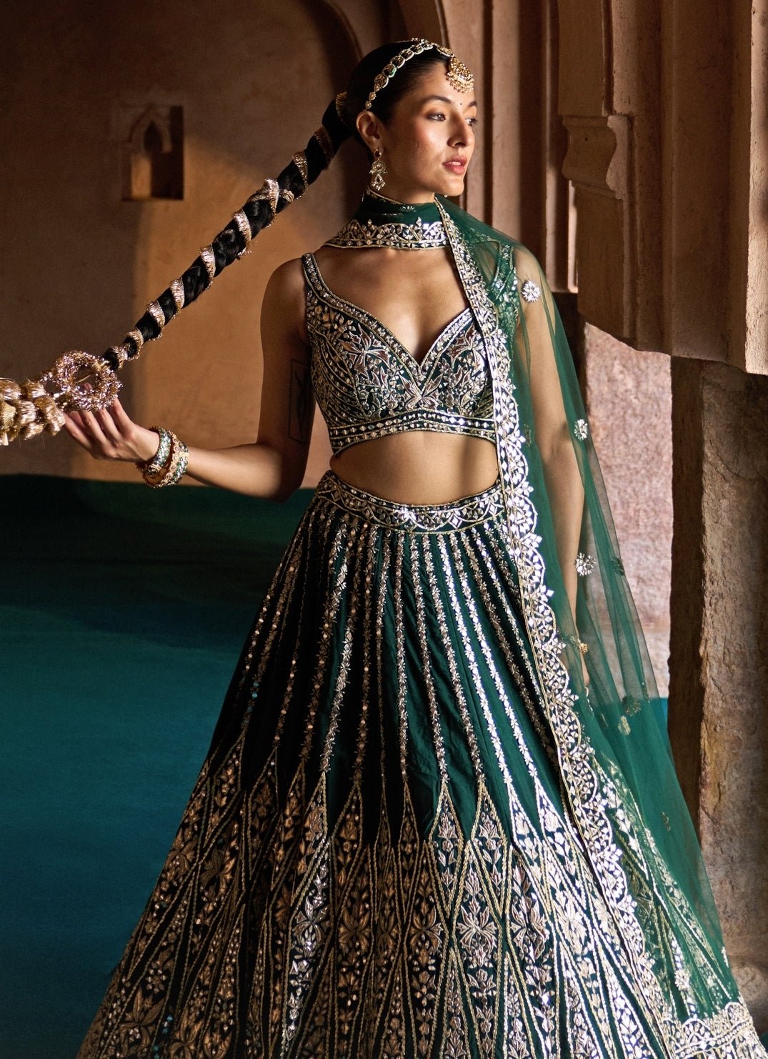 Angad Singh Emerald Green Raw Silk Lehenga SetFabilicious Fashion