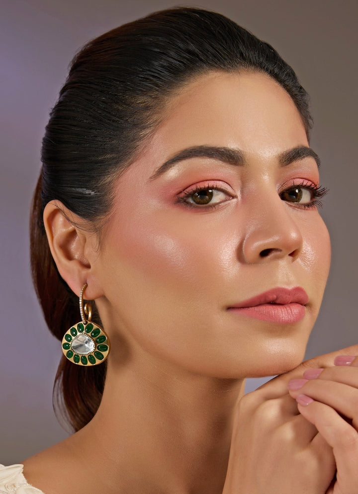 Emerald Green Round Drop Earrings Vivinia By Vidhi Mehra - Fabilicious Fashion