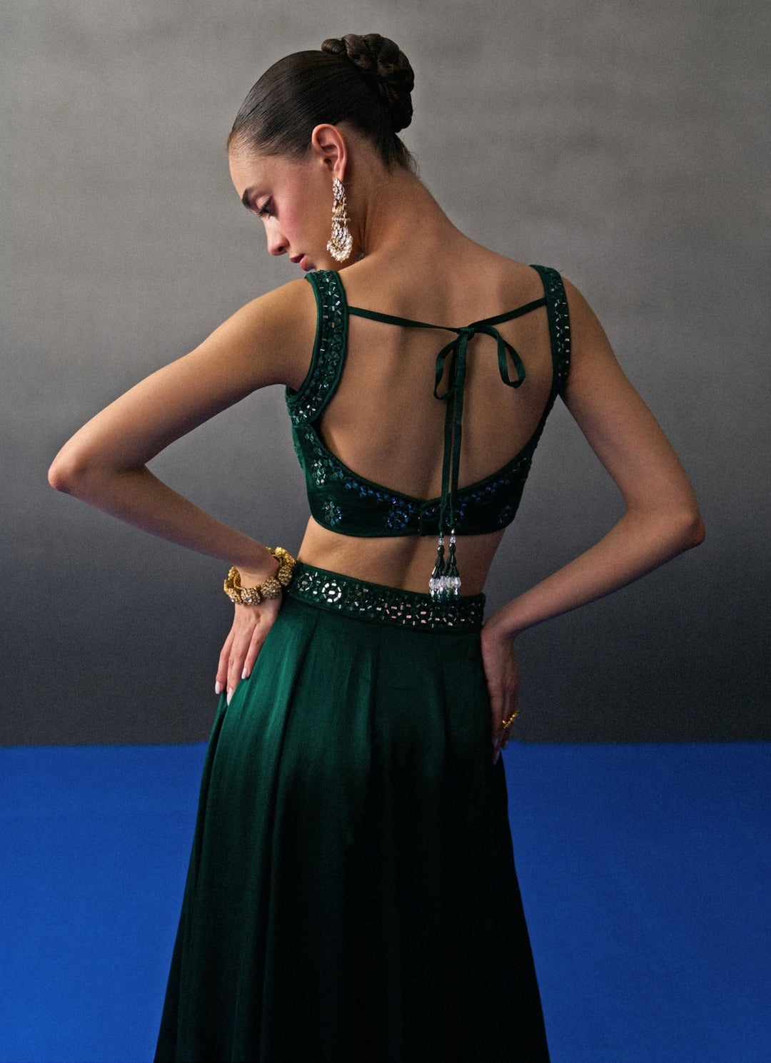 Emerald Green Satin Silk Lehenga Set Angad Singh - Fabilicious Fashion