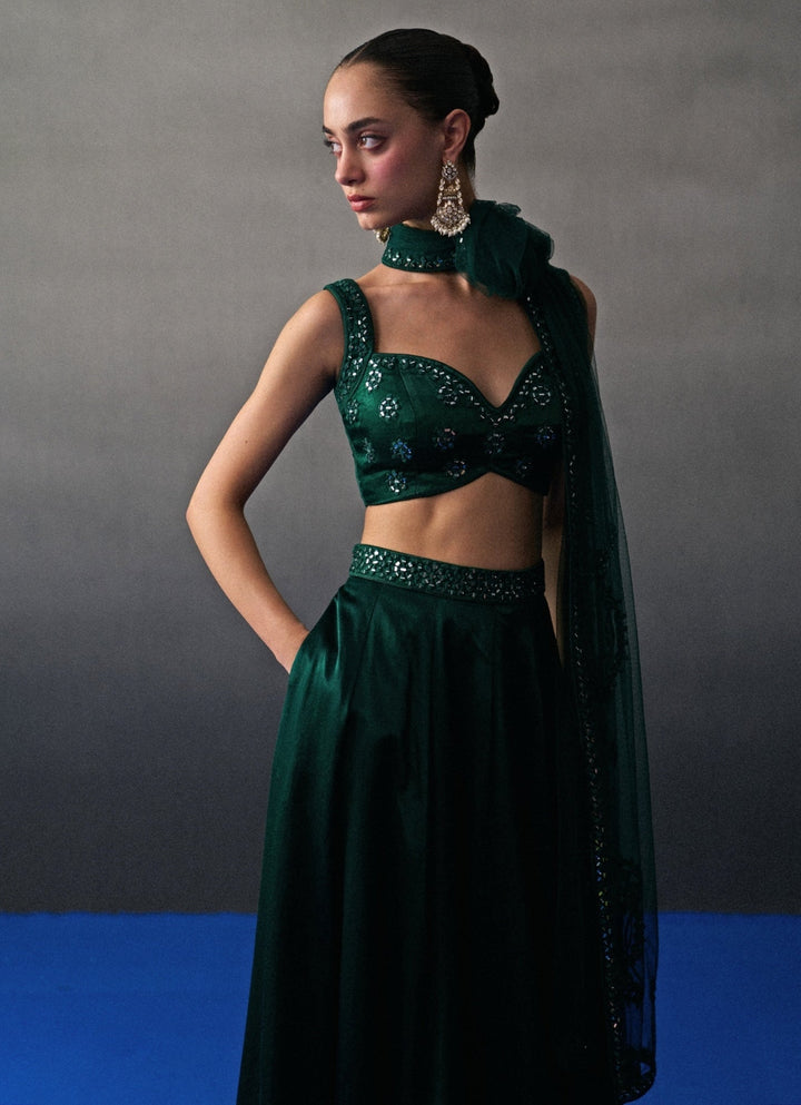 Emerald Green Satin Silk Lehenga Set Angad Singh - Fabilicious Fashion