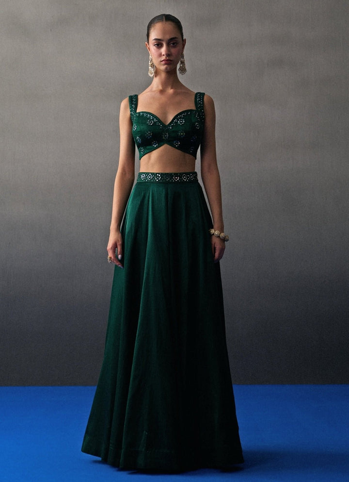 Emerald Green Satin Silk Lehenga Set Angad Singh - Fabilicious Fashion